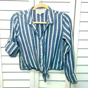 Anthropologie Cloth & Stone Linen Blend Striped Button Up Crop Top Size XS